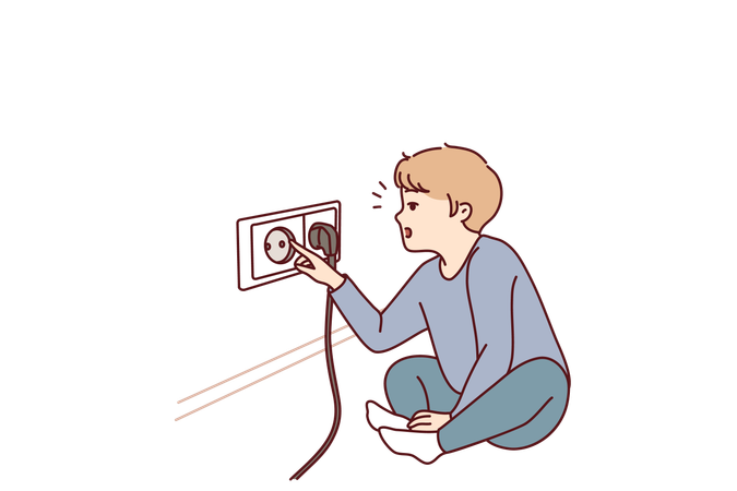 Boy's finger is stuck in socket  Illustration