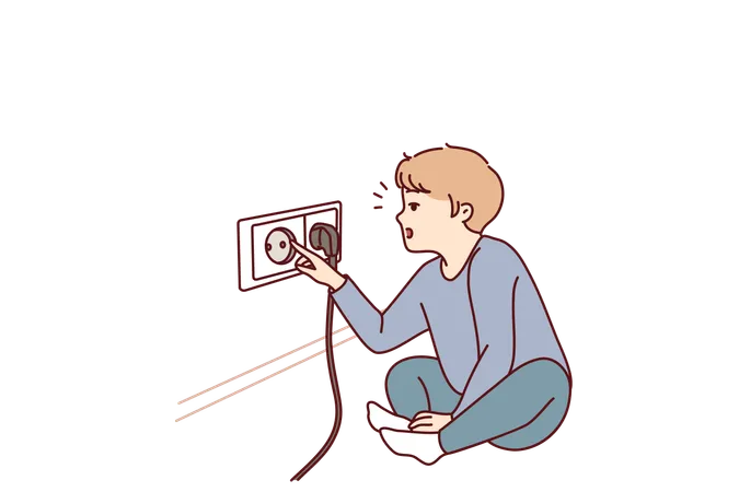 Boy's finger is stuck in socket  Illustration