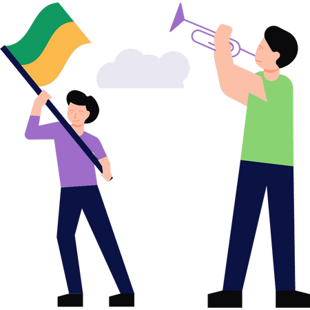 Boys hold sports flags Illustration