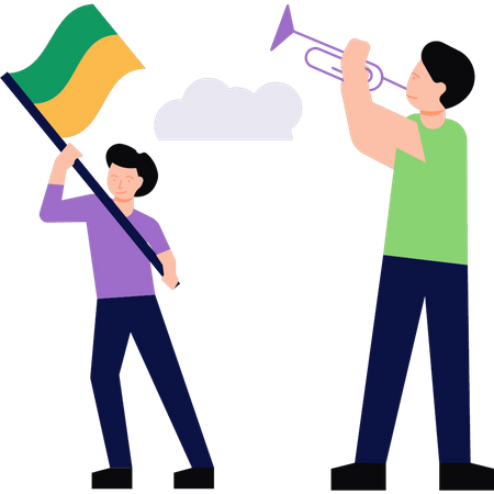 Boys hold sports flags  Illustration