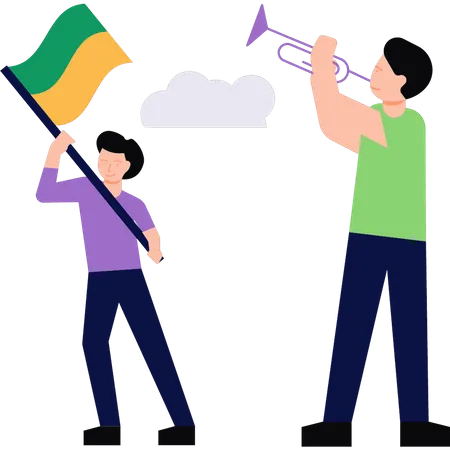 Boys hold sports flags  Illustration