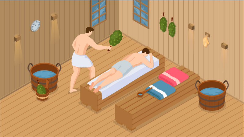 Boys in sauna room Illustration