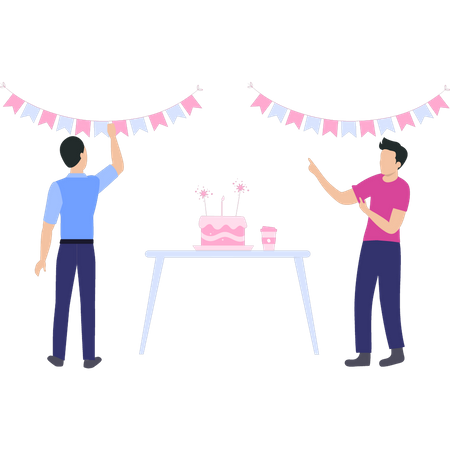 Boys making birthday decorations  Illustration