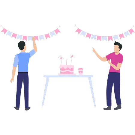 Boys making birthday decorations  Illustration