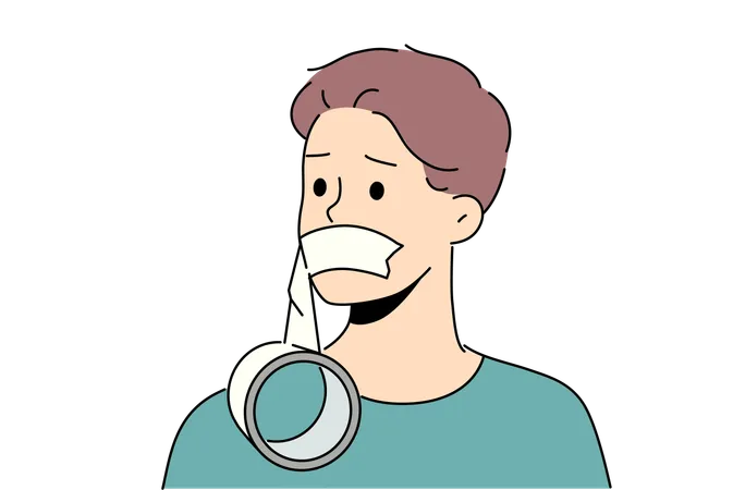Boy's mouth is sealed with cello tape  Illustration
