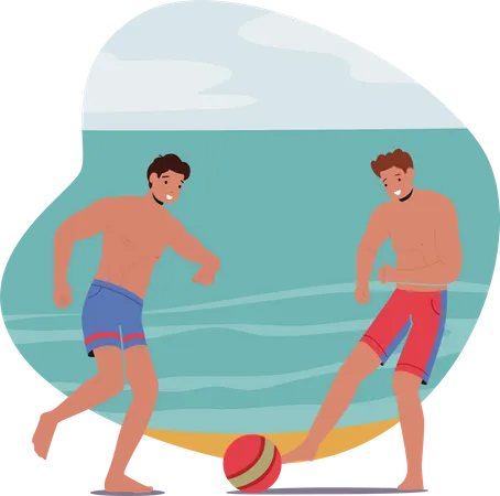 Boys playing football at beach Illustration