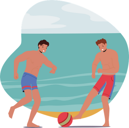 Boys playing football at beach  Illustration