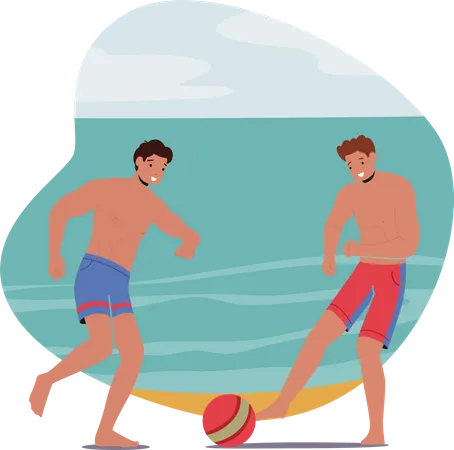 Boys playing football at beach  Illustration