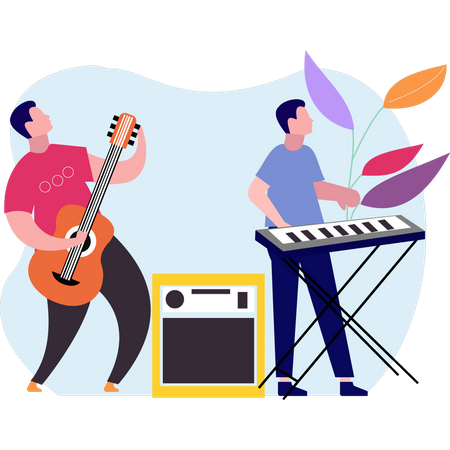 Boys playing guitar and piano  Illustration