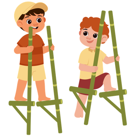 Boys Playing On Bamboo Stage  Illustration