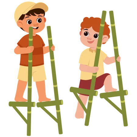 Boys Playing On Bamboo Stage  Illustration