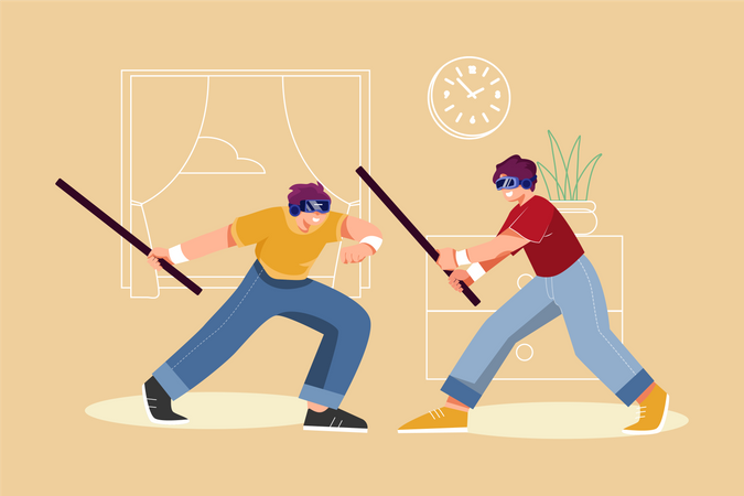 Boys playing sword game using VR Tech Illustration