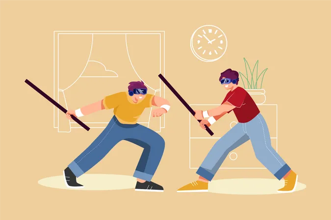 Two People Playing The Game In Virtual Reality Glasses Illustration