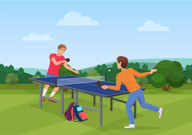 Boys playing table tennis in park  일러스트레이션