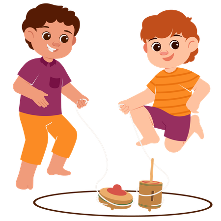 Boys Playing Tops  Illustration