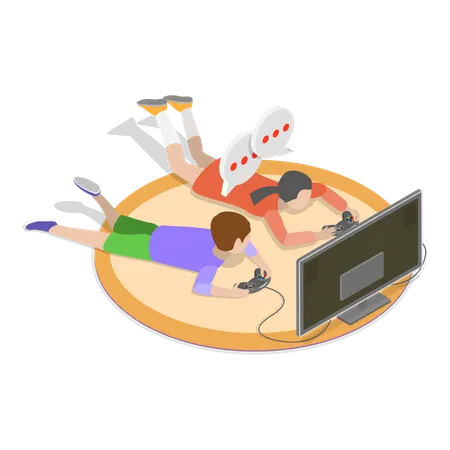 Boys playing video game at home  Illustration