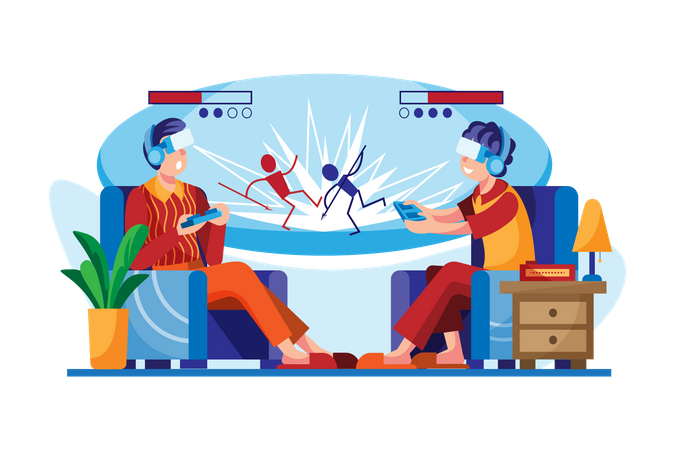 Boys playing virtual sword game  Illustration