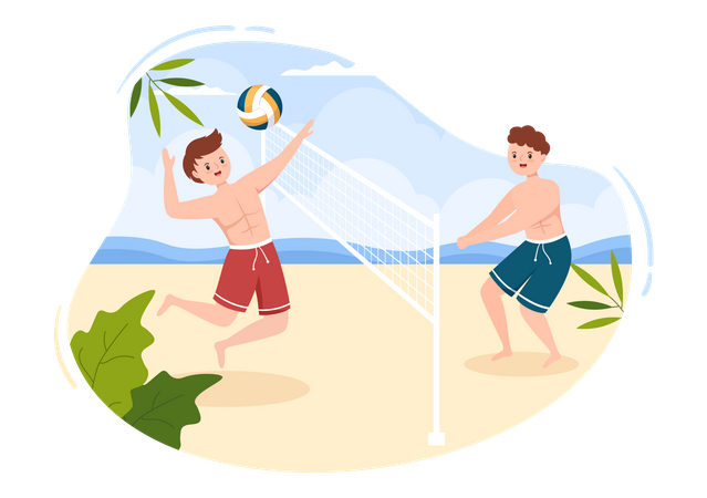 Boys playing volleyball at beach Illustration