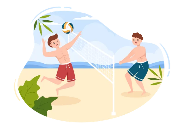 Boys playing volleyball at beach Illustration