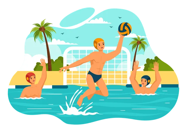 Water Polo Sport Vector Illustration With Player Playing To Throw The Ball On The Opponents Goal In The Swimming Pool In Flat Cartoon Background Illustration