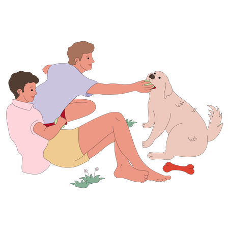 Boys playing with dog Illustration