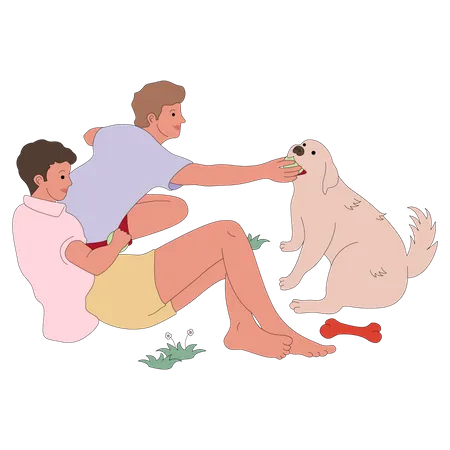 Boys playing with dog  Illustration