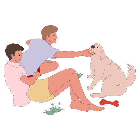 Boys playing with dog  Illustration