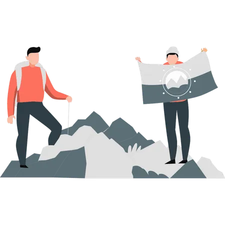 Boys put flag on top of mountain  Illustration