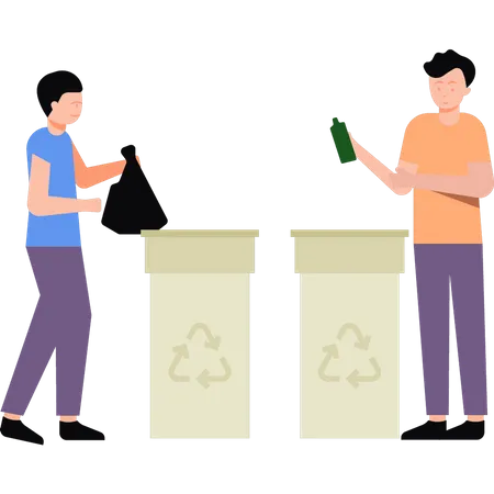Boys putting garbage in bin Illustration
