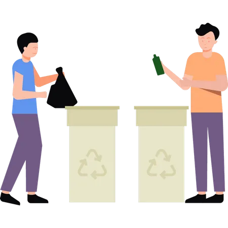 Boys putting garbage in bin  Illustration