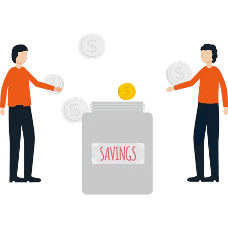 Boys putting money in savings jar  Illustration