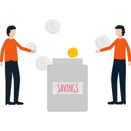 Boys putting money in savings jar  Illustration