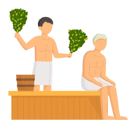 Man In White Towel Rest On Wooden Bench At Hot Steam Sauna Relaxing And Wellness In Finnish Russian Bath Or Spa Center Heat Therapy Relaxation And Health Care Bathing Character Wellness Procedure イラスト