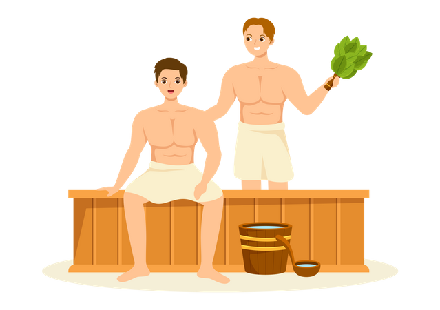 Boys relaxing in sauna  Illustration