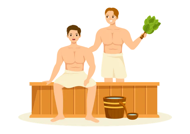 Boys relaxing in sauna  イラスト