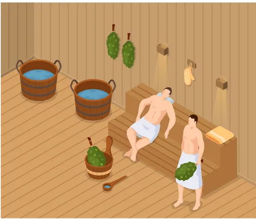 Sauna And Steam Room People Relax And Steam With Green Brooms In Traditional Russian Banya With Wooden Bench Wellness Procedure For Female And Male Finnish Bathhouse Friends In Spa Resort Illustration
