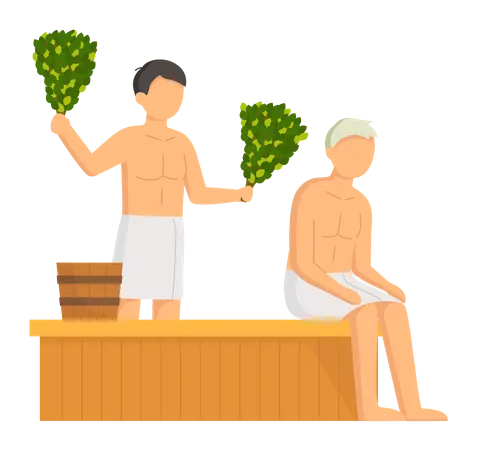 Boys relaxing in sauna  Illustration