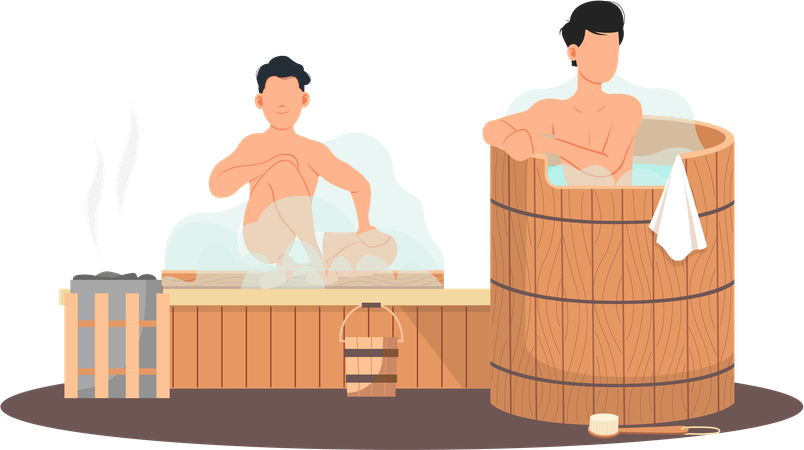 Boys relaxing in sauna  Illustration