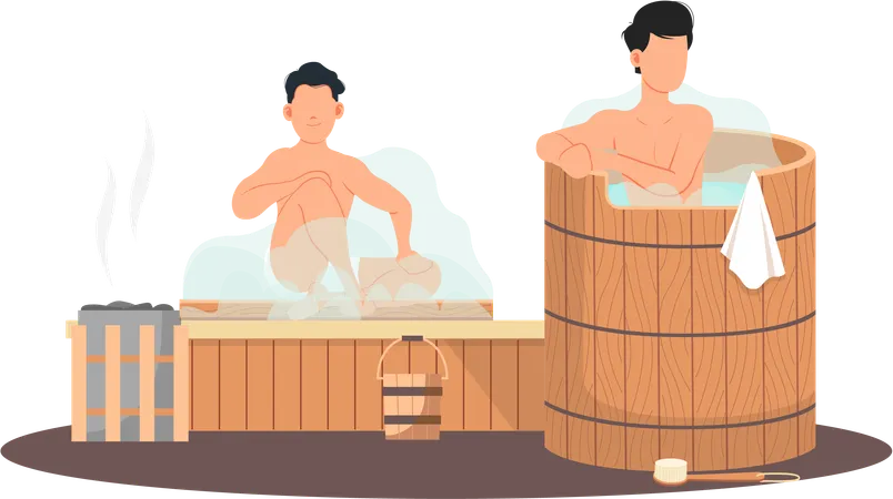 Boys relaxing in sauna  Illustration