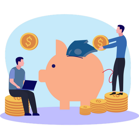 Boys Saving Money In Piggy Bank  Illustration