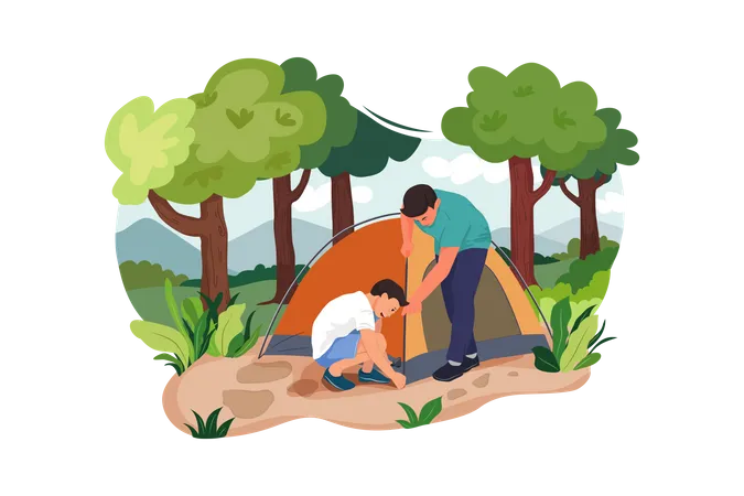 Boys setting tent for camping Illustration