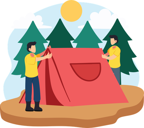 Boys setting up camping tent  Illustration