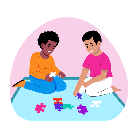Boys Solving jigsaw puzzle  Illustration