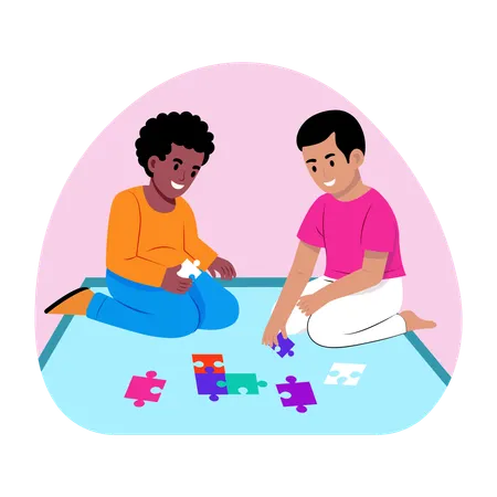 Boys Solving jigsaw puzzle  Illustration