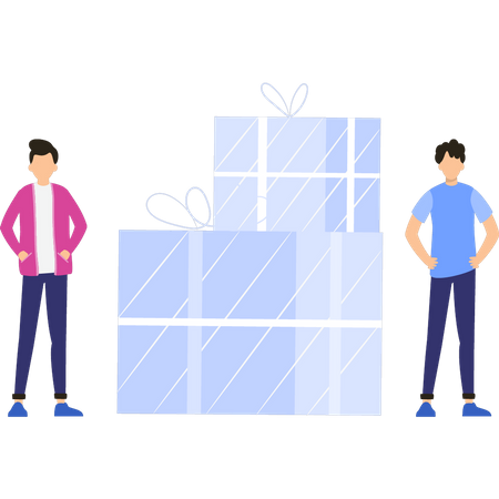 Boys stand with gift boxes  Illustration