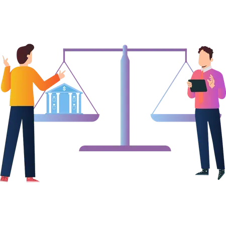 Boys  talking about balance scale  Illustration