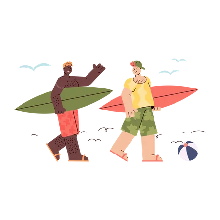 Boys walking on beachside with surfboard Illustration