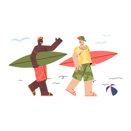 Boys walking on beachside with surfboard  일러스트레이션