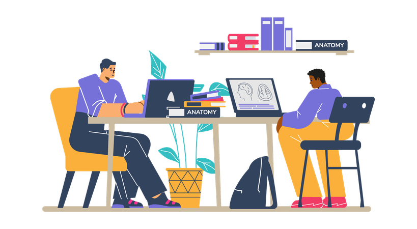 Boys with laptops studying anatomy  Illustration