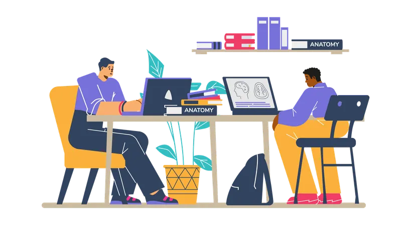 Boys with laptops studying anatomy  Illustration